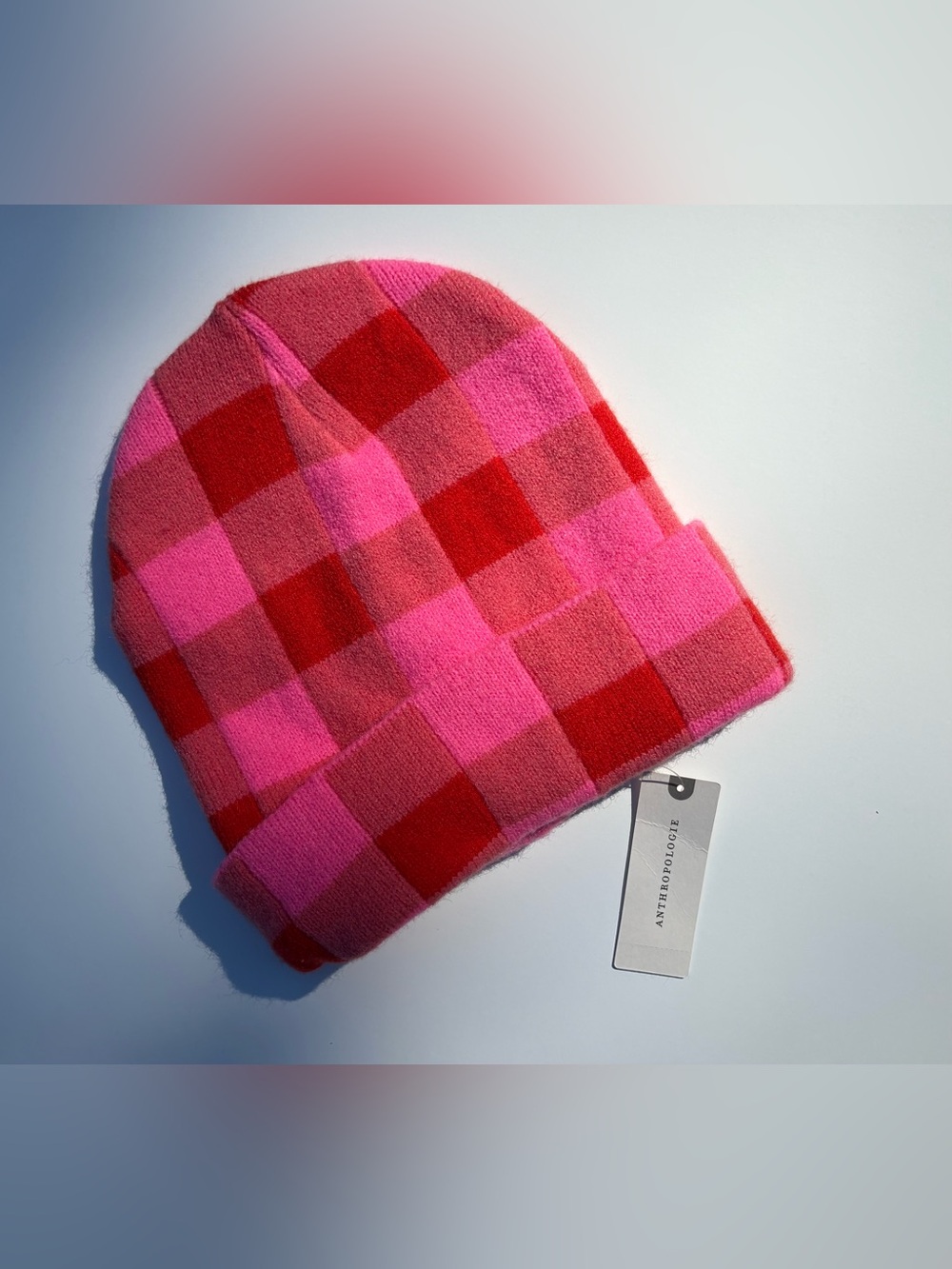 NWT Maeve by Anthropologie Gingham Knit Beanie Pink Orange